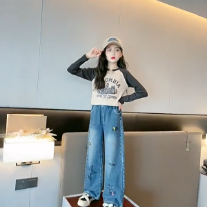 Jeans for Kids Girls Pants for Kids Girls: Korean Version Loose and Fashionable High Waist Jeans Suitable for Teenagers 7-13 Years