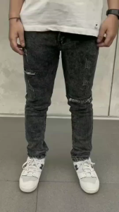 Celana Jeans Panjang Sobek Puring Motif Dark Sandwash Washed Ripped Style Slimfit Stretch