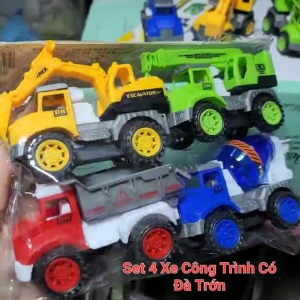 Đồ Chơi Set 4 Xe Mô Hình Ôtô Cẩu Xe Bồn Bê Tông Chạy Đà mô phỏng bộ xe công trình nhiều mẫu
