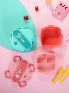 Cartoon Lunch Box Square Compartmentalized Lunch Box Portable Microwave Safe for Students Lunch Box with Spoon/Fork