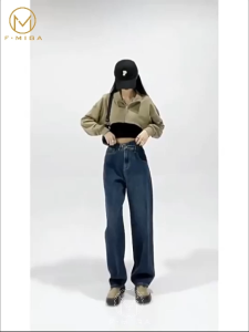 F·MIGA C129 Highwaist Korean Straight Baggy Jeans Celana Panjang Denim Wanita - Biru Retro