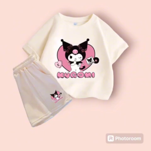 Set bộ quần áo cộc tay phù hợp cho bé vào mùa hè ép hình Kuromi Trái Tim đáng yêu chất vải cotton