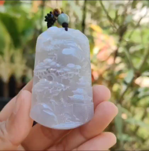 Light Lavender with red patches Natural Type A Jadeite Pendant Necklace crafted with fengshui scenery certificate included weigh 44.44 grams 60.8 * 36 * 9.8 mm (pendant104)