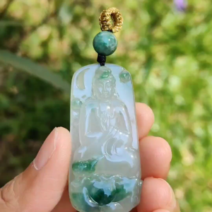 Icy Good Translucency with Green Natural Type A Jadeite Pendant Necklace crafted with Buddha and Lotus certificate included weigh 13.2 grams 46.2 * 22.5 * 6.3 mm