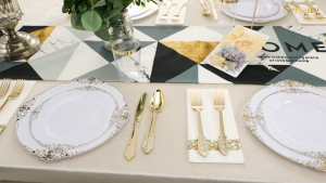 Elegant Gold-Trimmed White Disposable Dinnerware Set for 25 Guests - 150Pcs Plates Cups Cutlery & Napkins