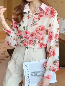 🌵siss y_koko🌵เสื้อแฟชั่นผู้หญิง เสื้อเชิ้ตแขนยาวลายดอกไม้ summer2024 เสื้อคอปกแฟชั่นเกาหลี “w331”