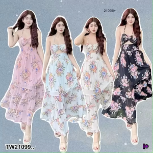 B21099 เดรสยาว ห่วงกลมตรงอก สายผูกคล้องคอLong dress round chest loop ties around neck.