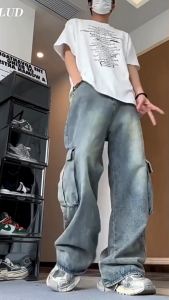 กางเกงคาร์โก้ ผ้ายีนส์ (Size : S-3XL) ทรงกางเกงหลวมๆ มีกระเป๋าข้าง สไตล์วินเทจใส่ได้ทั้งผู้ชายและผู้หญิง ปรับลุคให้ดูเท่ๆ