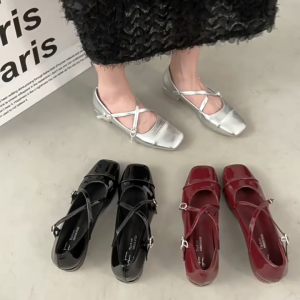 Mary Jane Square Toe Shoes Womens Cross Flat Shoes Thick Heel