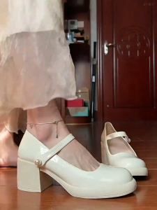 White Mary Jane shoes for women French chunky heel thick bottom office shoes black leather school shoes