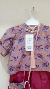 Setelan Anak Perempuan Import Model Cheongsam Bunga Lengan Balon Kulot Garis Tengah Free Mini Tas