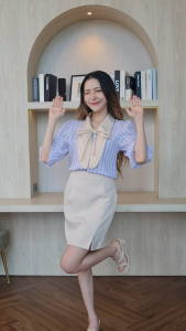 D21 เสื้อแขนบอลลูน คอปกยาว ผูกโบว์ทูโทน ผ้าไม่ต้องรีด มินิมอลผ้าเซียซัคเกอร์ Easter Egg Closet