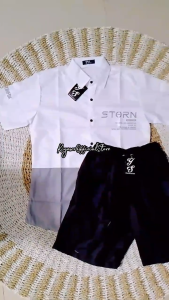 KIYOO-SETELAN KEMEJA PRIA SATU SET KEMEJA STORN DAN CELANA PENDEK POLOS