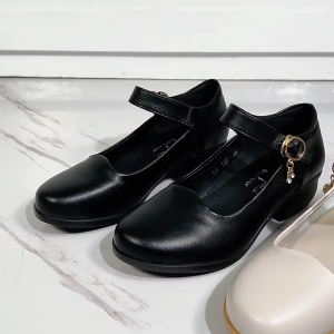 Women Fashion OL Style Medium Thick Heeled Leather Shoes black shoes women