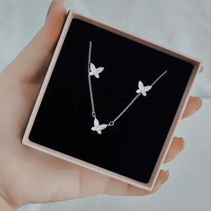 SO SEOUL Caria 3D Butterfly Diamond Simulant Stud Earrings with Pendant Chain Necklace Jewelry Gift Set