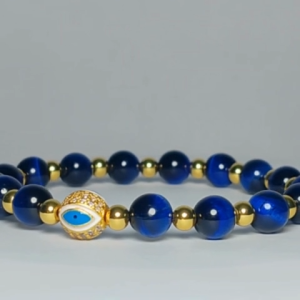 Gold plated bead spacer and Blue Tiger Eye Stones with Anti Evil Eye "Nazar" Rhinestones all premium quality for protection luck wealth power longevity and happiness.