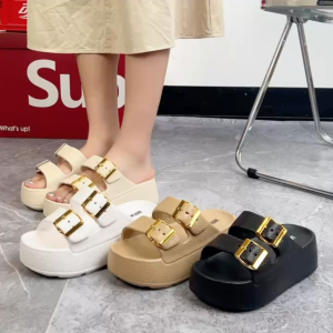 MIRANO new hot style 8321-1 simple fashion gold two strap imitation leather high quality womens rubber slippers sandals Open Toe 5-8cm Footwear Shoes Girl Walking Shoes Summer Casual Comfortable height increasing adjustable strap slip ons