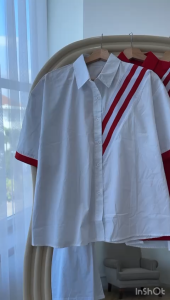 SJM KEMEJA WANITA BAHAN KATUN POPLIN LIST TRENDY LENGAN PENDEK IMPORT 8271