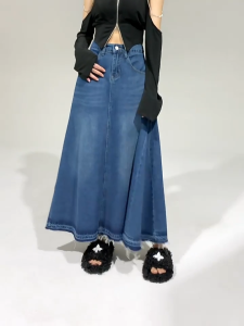 PLUS SIZE~Long skirt denim skirt for women korean blue high waist A-line fishtail bigsize office maong hot NEW 2024