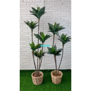Pohon Artificial Agave Hijau Tua & Cover Pot Rotan: Dekorasi Kantor
