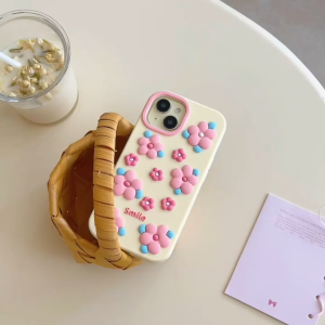 3D แบบเต็มหน้าจอสีชมพูดอกไม้ซิลิโคนสำหรับ iPhone 15Promax 15Pro 15 14Promax 14Pro 14 13Promax 13Pro 13 12Promax 12Pro 12 11สำหรับกรณีปลอกปก