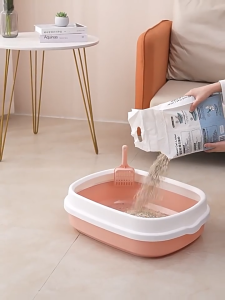 กระบะทรายแมวขอบสูง พร้อมที่ตักทราย ห้องน้ำแมว มีตะแกรงดักทราย รุ่นขอบสูง