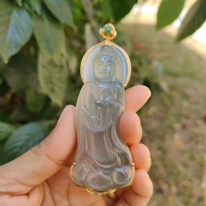 Super Rare Premium High Quality Light Green with Green Natural Type A Jadeite Jade crafted as Standing Guanyin set on 18k Gold with diamonds and one green cabochon certificate weigh  27.19 grams measurement 89.9 * 33.2 * 11.9 mm (18kp34)