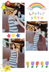 TW20898 เดรสสายเดี่ยวลายริ้ว ..