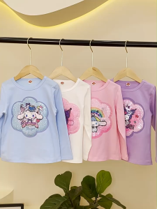 Anak Katun Murni Lengan Panjang Payet Berubah Warna Elastisitas Tinggi Cetakan Kartun Kuromi Girl Top