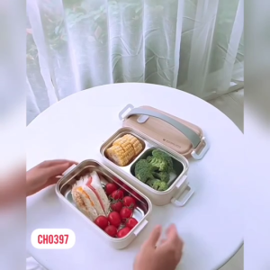 กล่องข้าว 2 ชั้น ฝาพลาสติกลายไม้ สามารถเข้าไมโครเวฟได้ CH0397 🌷โปรดอ่านรายละเอียดสินค้าก่อนสั่งซื้อคะ🌷