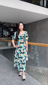 Đầm maxi form dài họa tiết đính nút phối ren tay phồng Misa - MS0317 (Hình thật shop chụp)