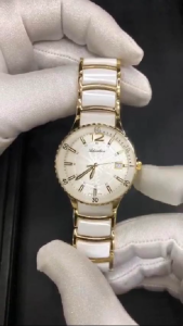 ADRIATICA Swiss Made Elegant Watches Gold White Case Ceramic Bezel Womens Ceramic Band Watch 38mm A3681.D153Q