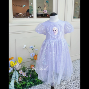 PRINCESS KESLI กระโปรงเจ้าหญิงเอลซาเด็กผู้หญิง แขนสั้น กระโปรงตาข่ายแช่แข็ง ชุดเดรสวันเกิดเด็กหญิง ฤดูร้อน 1-9 ปี