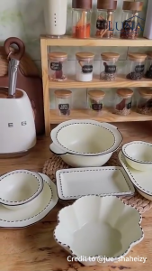 LUNA [Beige Kyle Dotted Dinnerware] 2D Drawing Cartoon Comic Pastel Minimalist Style Ceramic Plate Bowl Salad Household Tableware Set Irregular Shape Sharpie Handrawing Lukisan