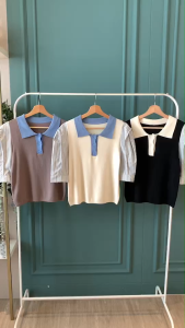 BL20915 Mix Colour Stripe Puff Sleeve Knit Blouse