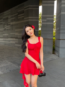 swimsuit ชุดว่ายน้ำวันพีช ชุดว่ายน้ำกระโปรง รุ่นใหม่ โชว์หลัง ชุดเซ็กซี่สีแดง เที่ยวทะเล#0376