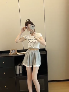 🌏SY ฤดูร้อนปี 2024 สไตล์ใหม่ลูกไม้ประกบกางเกงขากว้างเอวสูงยางยืดพร้อมกางเกงขาสั้นกีฬาลำลองและอเนกประสงค์