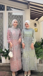 Dress Organza Bordir Wanita Muslim Wedding Kondangan Lebaran Panjang Premium Pesta Mewah Brukat Tile