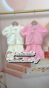 Setelan Cheonsam Crinkle Puff Pink & Cream Kancing Mutiara Anak Perempuan