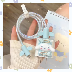 Set 5 PCSpaket Iphone 20w Rabbit Blue & Pink Pelindung Kabel Carger Iphone Cover Pelindung Kabel & Kepala Charger cangkang lunak transparan TPU Anti Rusak Motif Bervariasi