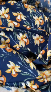 Vải Lụa Đũi Xanh In Hoa Kem Vàng Khổ 1m5 - Chất Mỏng Vừa Ít Rũ  Co Giãn Nhẹ Váy Đầm Cần Lót