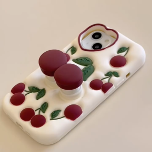 3D escopic Bracket Cherry เคสซิลิโคนสำหรับ iPhone 11 12 13 14 15 Pro Max Anti Fall ปลอกภายนอกสำหรับ IPhone14Promax Case