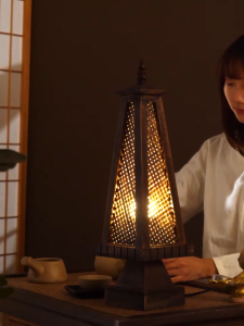 Carved Wood Lamp Handmade Traditional Window Design Art Deco Lantern Brown Asian Oriental Bedside Bedroom Accent Unusual Table Lamp (Pagoda)