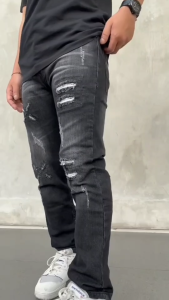 Celana Jeans Panjang Denim Stretch Sobek Lutut Ripped Slimfit - Black Letro X2