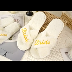 Plush embroidered rabbit fur cross slipper indoor villa white wedding party slippers for women