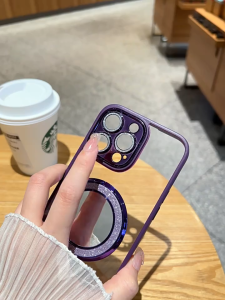Luxury Glitter Makeup Mirror Magnetic Bracket Phone Case for Iphone 11 12 13 14 15 Pro Max Transparent Hard Casing with Lens Film
