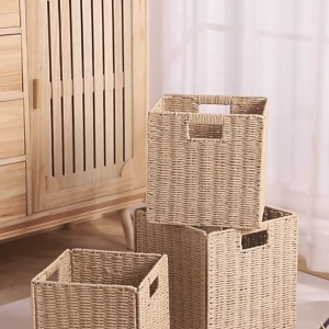 Hand Woven Paper Rattan Basket Foldable Storage Box Organizer Hamper for Laundry Clothes Toys Books