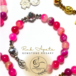 [Mycharmedgifts] Pink Agate Semi Precious Gemstone Rosary Bracelet