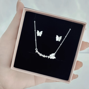 SO SEOUL Claire Mother of Pearl or Abalone Shell Flying Butterfly Stud Earrings with Necklace Gift Set