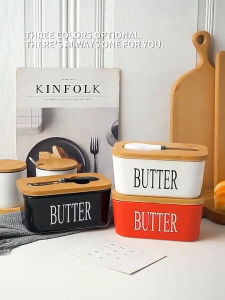 Kotak Penyimpanan Mentega Butter Bahan Keramik Butter Storage Dengan Pisau Oles Dan Tutup Kayu